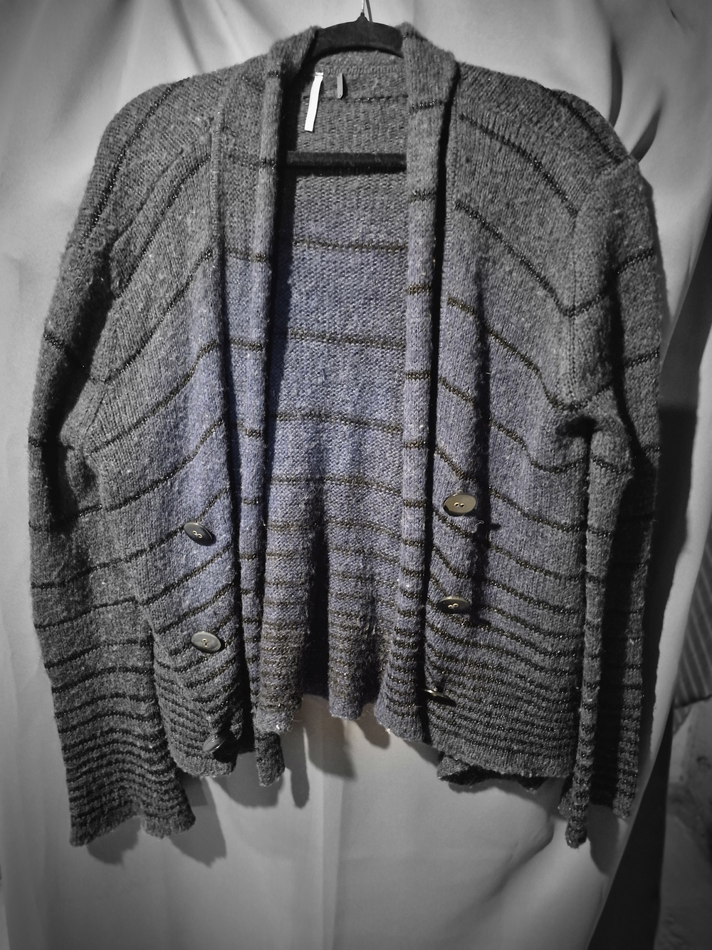 Free People Gray Striped Open-Front Button Cardigan